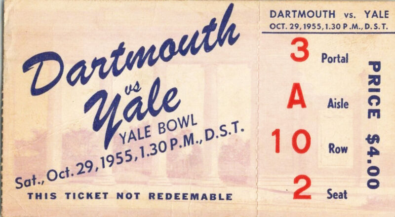 Oct. 29, 1955 Dartmouth vs. Yale Ticket Stub