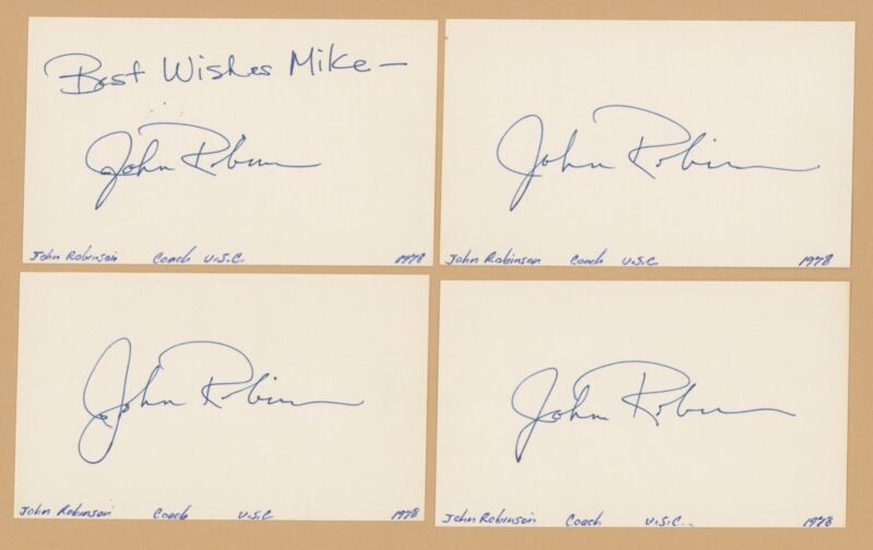 Lot of 4 Coach John Robinson USC Signed Index Cards Auto w B&E Holograms