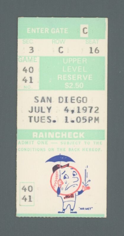 July 4th 1972 San Diego Padres vs. NY Mets at Shea Seaver 1 Hitter Ticket Stub