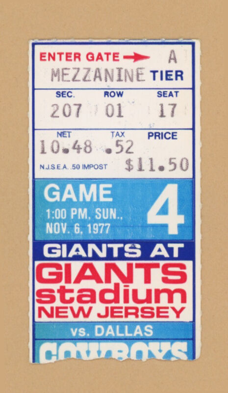 Nov. 6, 1977 NY Giants vs. Dallas Cowboys at Giant's Stadium Ticket Stub