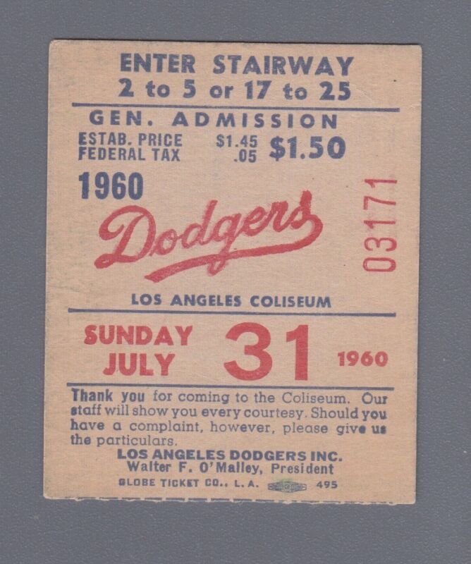 7/31/1960 Don Drysdale Ticket Stub Winning Pitcher vs. Atlanta Braves at L.A.