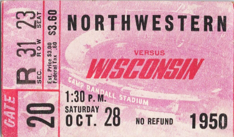 Oct. 28, 1950 Northwestern vs. Wisconsin Ticket Stub