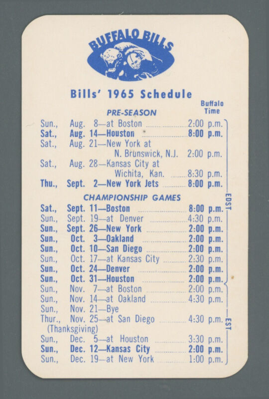 1965 Buffalo Bills NFL Pocket Schedule - O'Keeffe