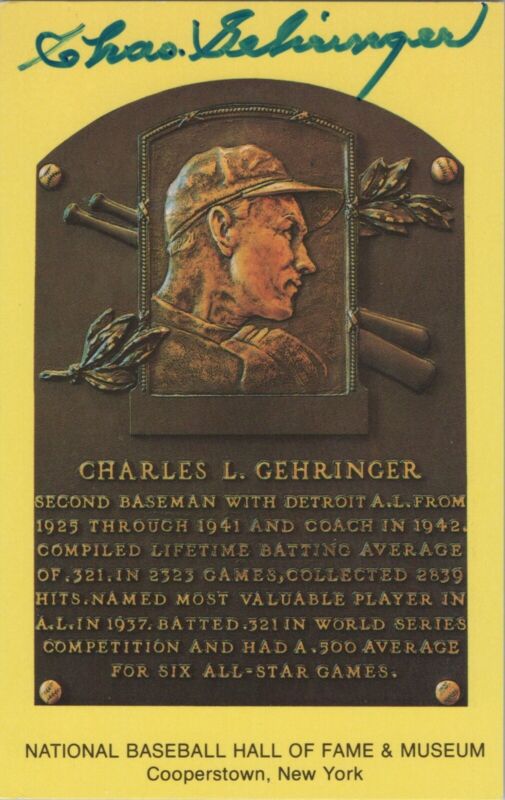 Charles Gehringer Signed Yellow HOF Plaque with B&E Hologram