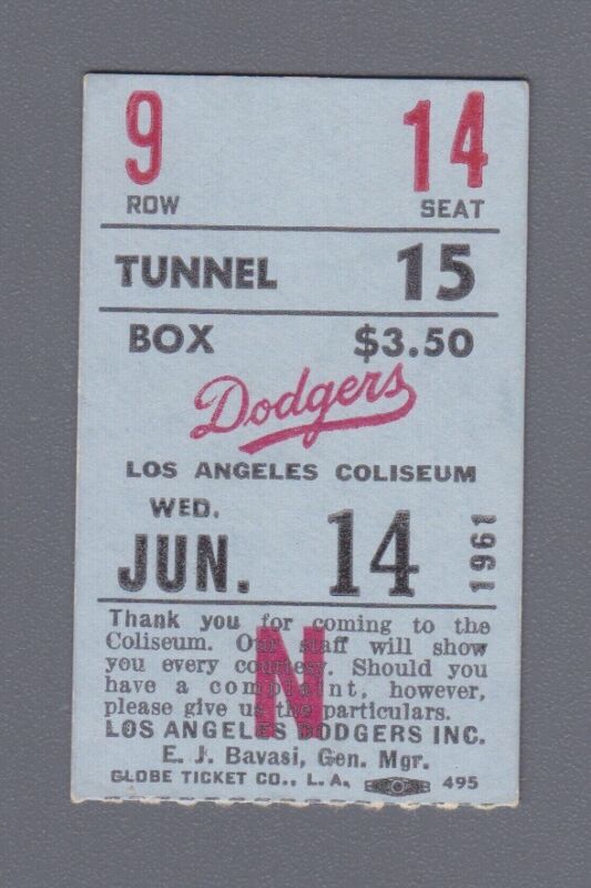 6/14/1961 Don Drysdale Ticket Stub WP with Shutout vs. Cubs at L.A. - he Homered