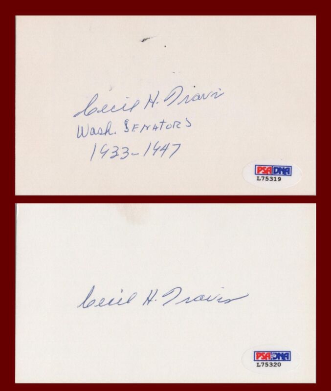 Lot of 23 Cecil Travis Signed Index Cards with PSA/DNA Certification