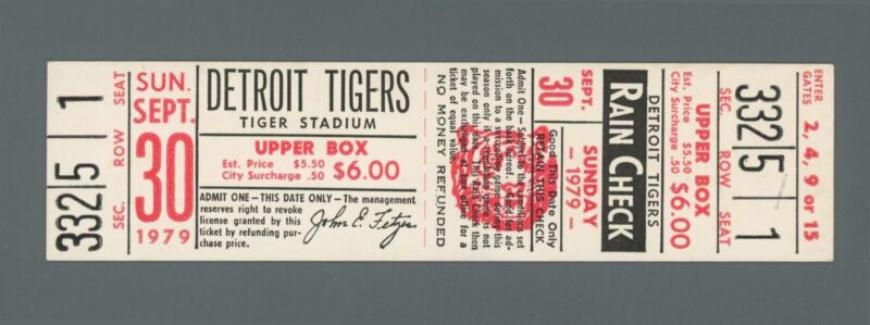 Sept 30, 1979 Boston Red Sox vs Detroit Tigers at Tigers Stadium Full Ticket