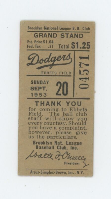 Sept. 20, 1953 Phila. Phillies @ Brooklyn Dodgers Ticket Stub w/ Jackie Robinson