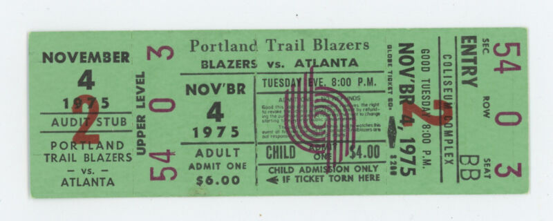 Nov. 4, 1975 Atlanta Hawks vs. Portland Trail Blazers Full Ticket