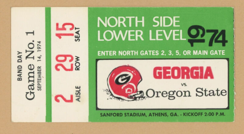 Sept 14, 1974 Georgia Bulldogs vs Oregon State Sanford Stadium GA Ticket Stub