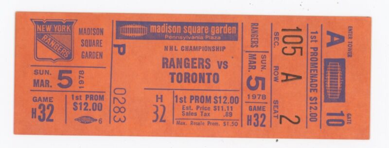 March 5, 1978 NY Rangers vs. Toronto Maple Leafs at MSG Game H32 Full Ticket