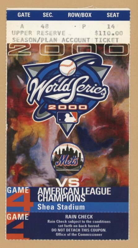 2000 World Series NY Yankees @ NY Mets Game 4 Ticket Stub Jeter’s 1st WS HR