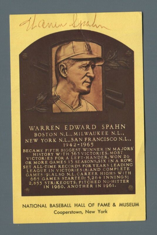 Warren Spahn Signed Hall of Fame Yellow Plaque Auto with B&E Hologram creasing