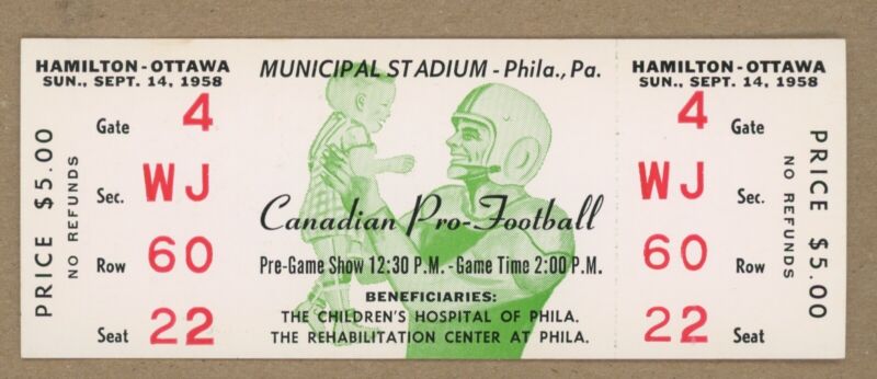 Sept. 14, 1958 Hamilton vs Ottawa CFL Full Ticket @ Municipal Stadium Phila. Pa