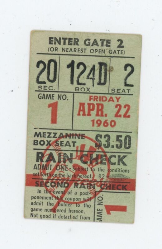 Apr 22, 1960 Orioles @ NY Yankees Ticket Stub Mickey Mantle Home Run #261