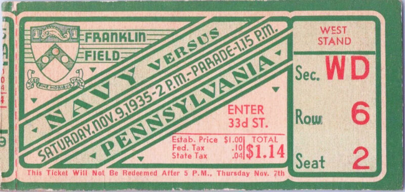 Nov. 9, 1935 Navy vs. Pennsylvania Ticket Stub