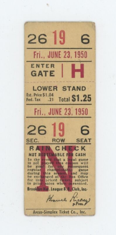 June 23, 1950 Pirates at Brooklyn Dodgers Ticket Stub Snider HR, Jackie Robinson