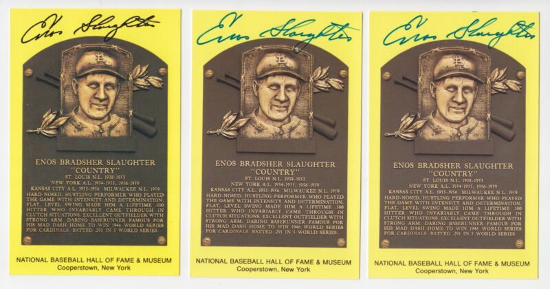 Lot of 6 Enos Slaughter Signed Yellow Hall of Fame Plaques