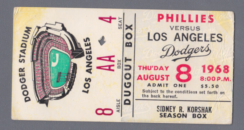 Aug. 8, 1968 Los Angeles Dodgers Ticket Stub vs Phillies   Dick Allen Home Run