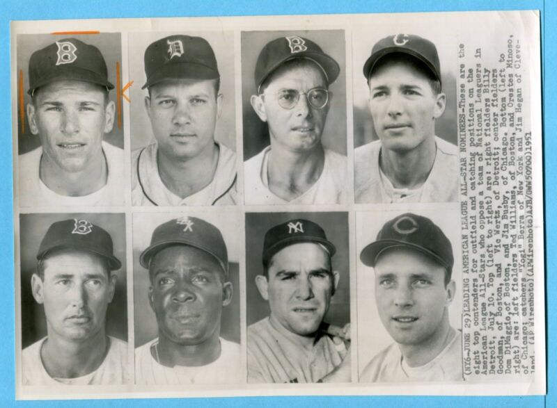 Vintage 8x10 Original AP WirePhoto - Ted Williams, Yogi Berra, 6 Other All-Stars