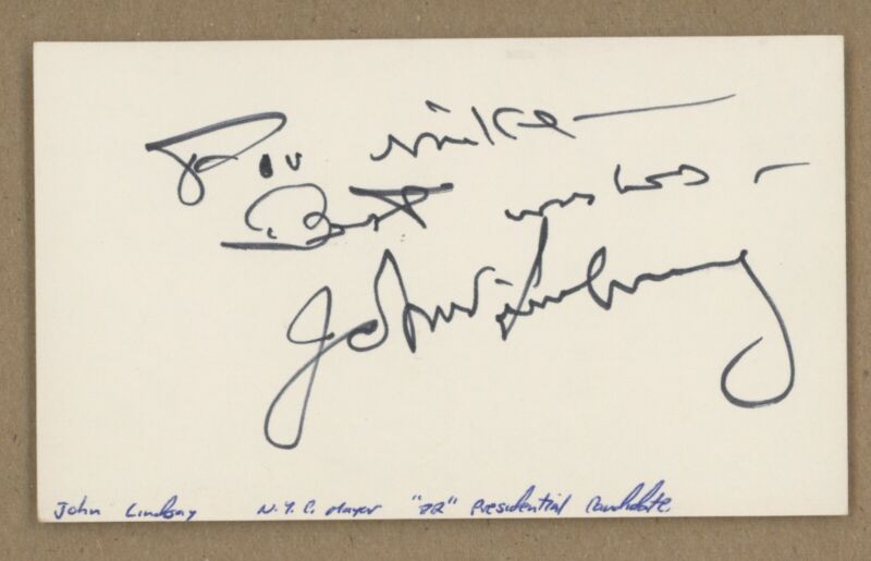 NYC Mayor John Lindsay Signed Index Card Auto w B&E Hologram*