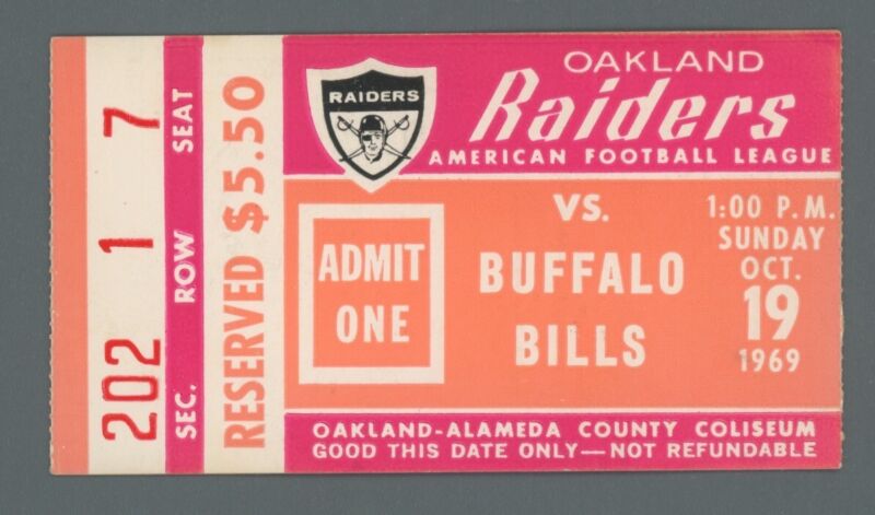 Oct 19, 1969 AFL Oakland Raiders vs. Buffalo Bills Ticket Stub