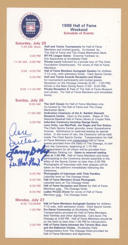 1998 Hall of Fame Weekend Schedule Signed by Sutton, Doby, McPhail with PSA Cert