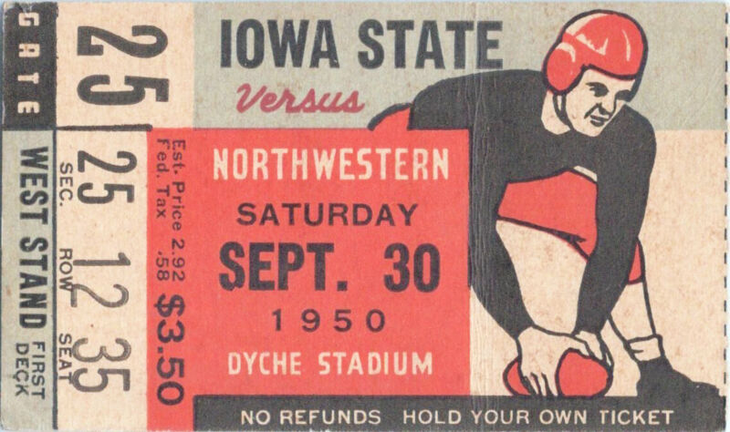 Sept. 30, 1950 Iowa State vs. Northwestern Ticket Stub