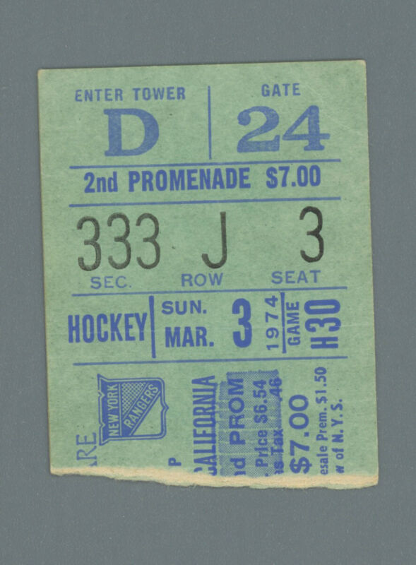 California Golden Seals @ NY Rangers 3/3/74 Ticket Stub