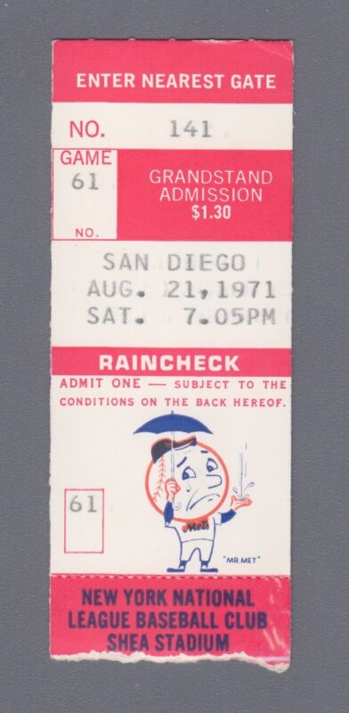 August 21, 1971 SD Padres at NY Mets Shea Stadium Ticket Stub Seaver 14th Win!