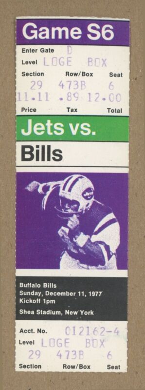 Dec. 11, 1977 NY Jets vs. Buffalo Bills at Shea Stadium Game S6 Full Ticket