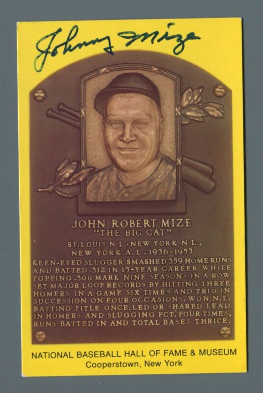 Johnny Mize Signed Hall of Fame Yellow Plaque Auto with B&E Hologram