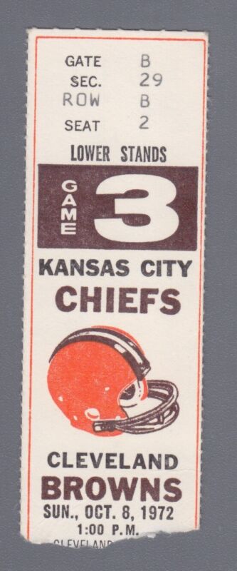 Oct. 8, 1972 Game 3 Kansas City Chiefs at Cleveland Browns Home Ticket Stub