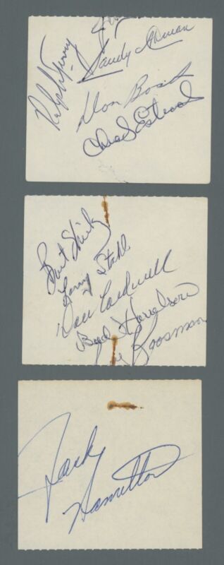 Lot of 3 c. 1967 NY Mets Autograph Cuts - 10 total sigs w/ Harrelson & Cardwell