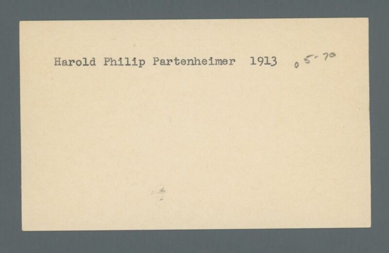 1913 Tigers Harold Philip “Steve” Partenheimer Signed Inscribed Index Card auto