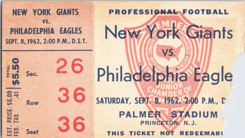 Sept. 8, 1962 New York Giants vs. Phildelphia Eagles Ticket Stub