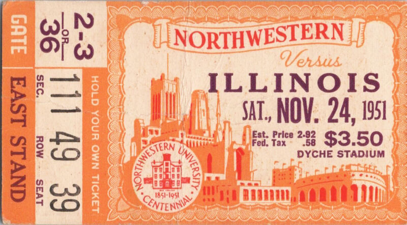 Nov. 24, 1951 Northwestern vs. Illinois Ticket Stub