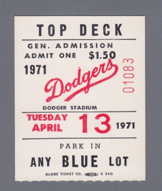 April 13, 1971 Los Angeles Dodgers Ticket Stub vs Cubs   Joe Pepitone Home Run