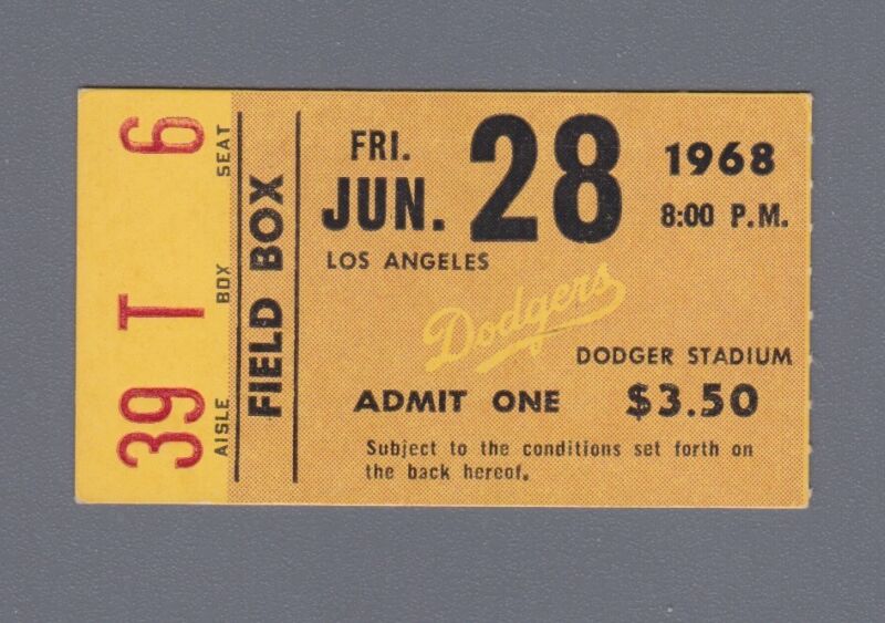 June 28, 1968 LA Dodgers Ticket Stub vs. Braves   Hank Aaron Hits Home Run #496