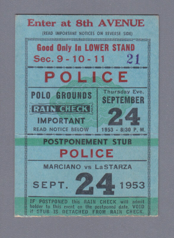 Rocky Marciano vs. Roland LaStarza Sept 24 1953 Ticket Stub  Polo Grounds