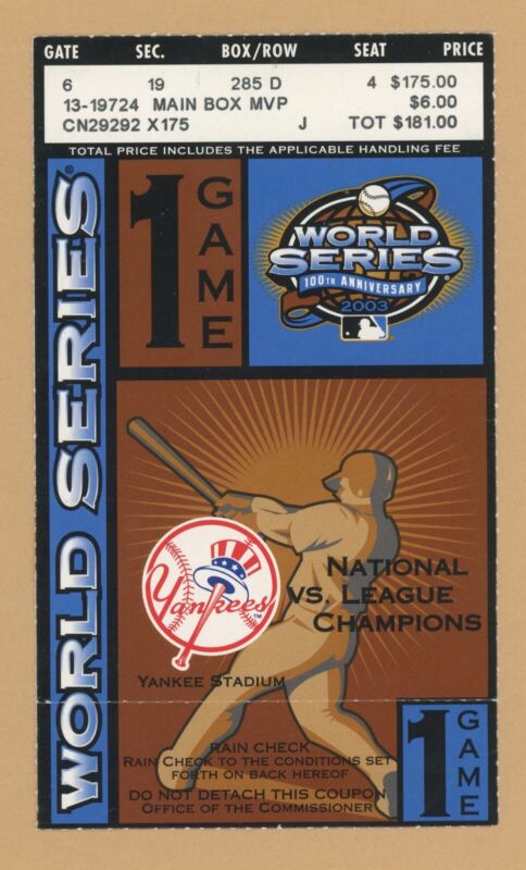 2003 World Series Ticket Stub Game 1 Yankee Stadium Marlins beat Yanks Bernie HR