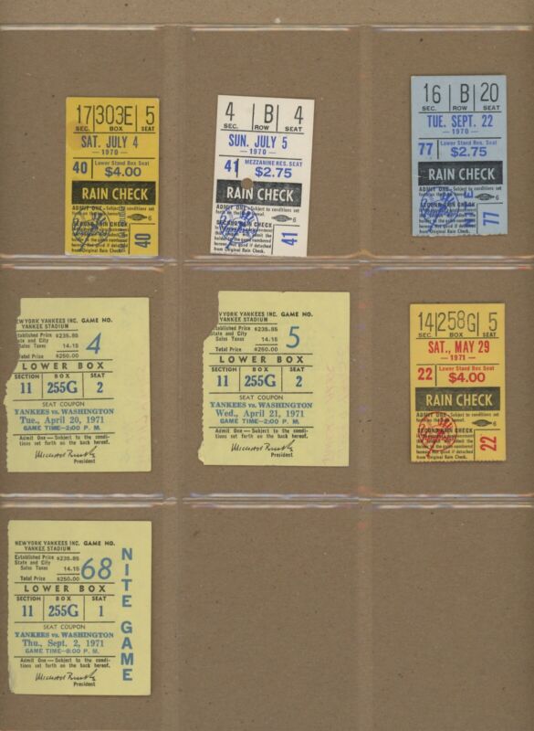 Lot of 7 1970 and 1971 New York Yankees Ticket Stubs Yankee Stadium