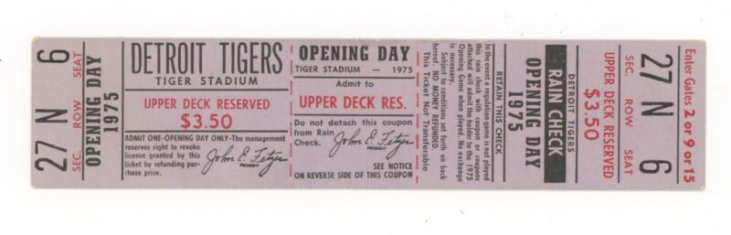 April 10, 1975 Opening Day Detroit Tigers Full Ticket