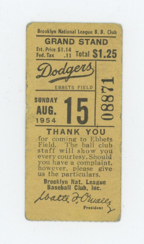 Aug. 15, 1954 Giants at Dodgers Ticket Stub Willie Mays HR Jackie Robinson 2 RBI