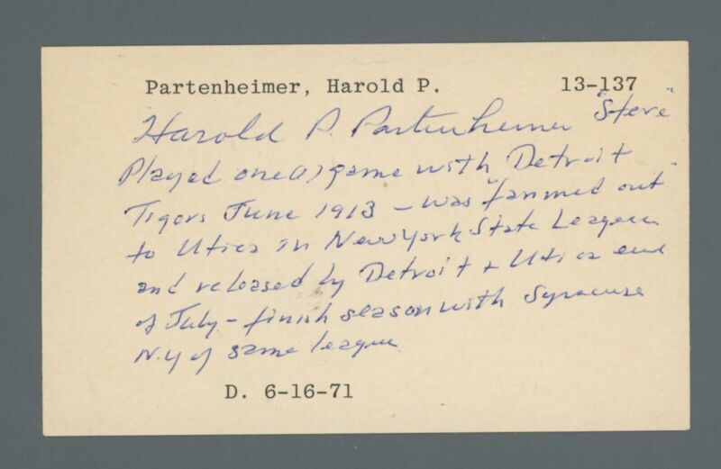 1913 Tigers Harold Philip “Steve” Partenheimer Signed Inscribed Index Card auto