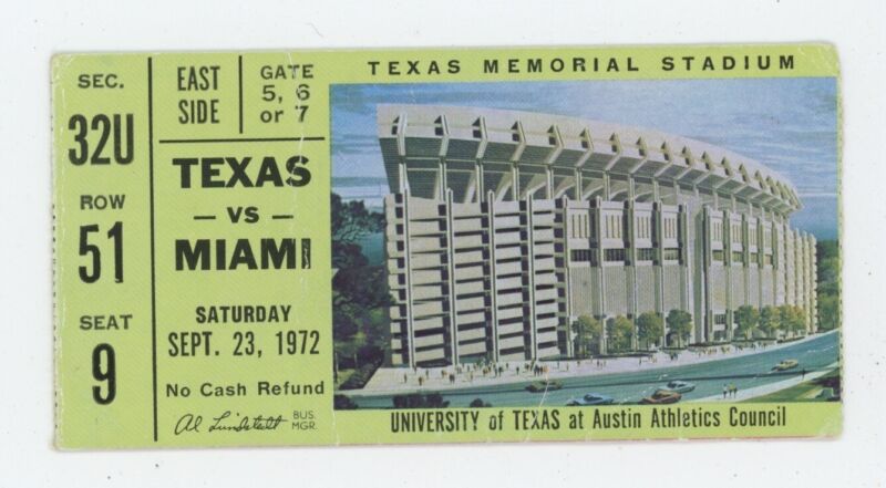 Sept 23, 1972 Texas Longhorns vs Miami Hurricane Memorial Stadium Ticket Stub