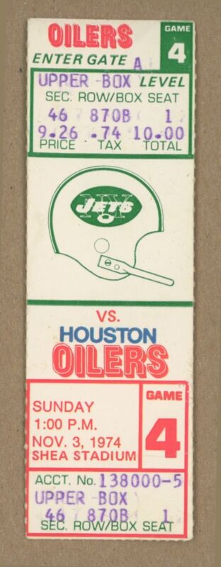 Nov. 3, 1974 NY Jets vs. Houston Oilers at Shea Stadium Game 4 Full Ticket