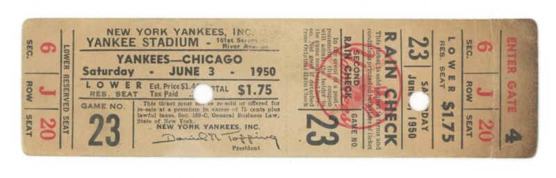 June 3, 1950 Full Ticket White Sox vs. Yankees at Yankee Stadium DiMaggio Homers