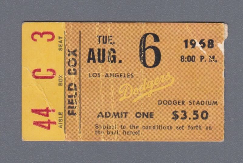 August 6, 1968 Los Angeles Dodgers Ticket Stub vs Pirates   Clemente 3 for 4