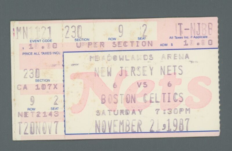 Nov. 21, 1987 Boston Celtics @ New Jersey Nets Ticket Stub Celtics 107 Nets 97